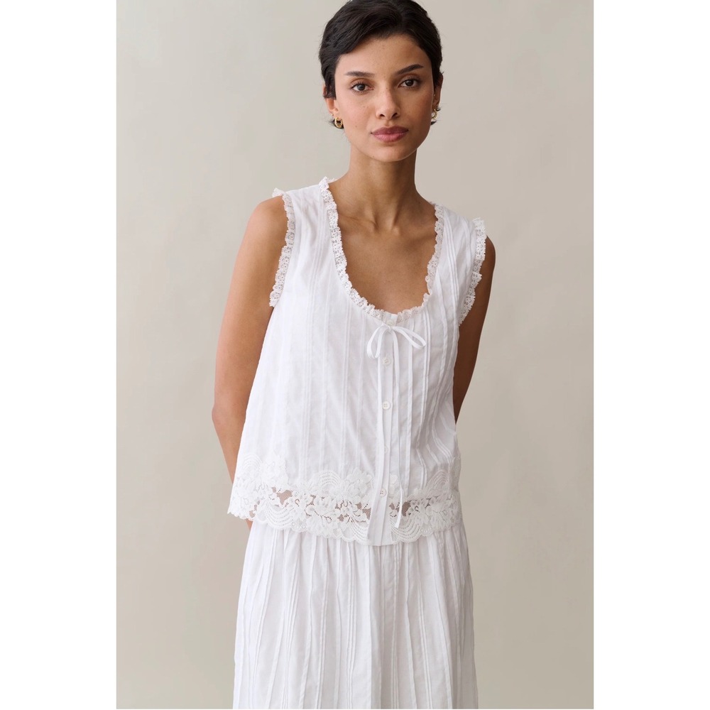 Few Moda Sorella Atelier White Lace Pintuck Cotton Sleeveless Blouse XS